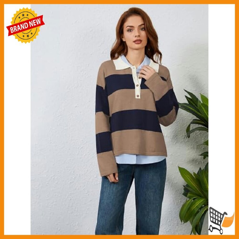 Women's Striped V-Neck Pullover Sweater Long Sleeve Casual Top - Picture 7 of 8